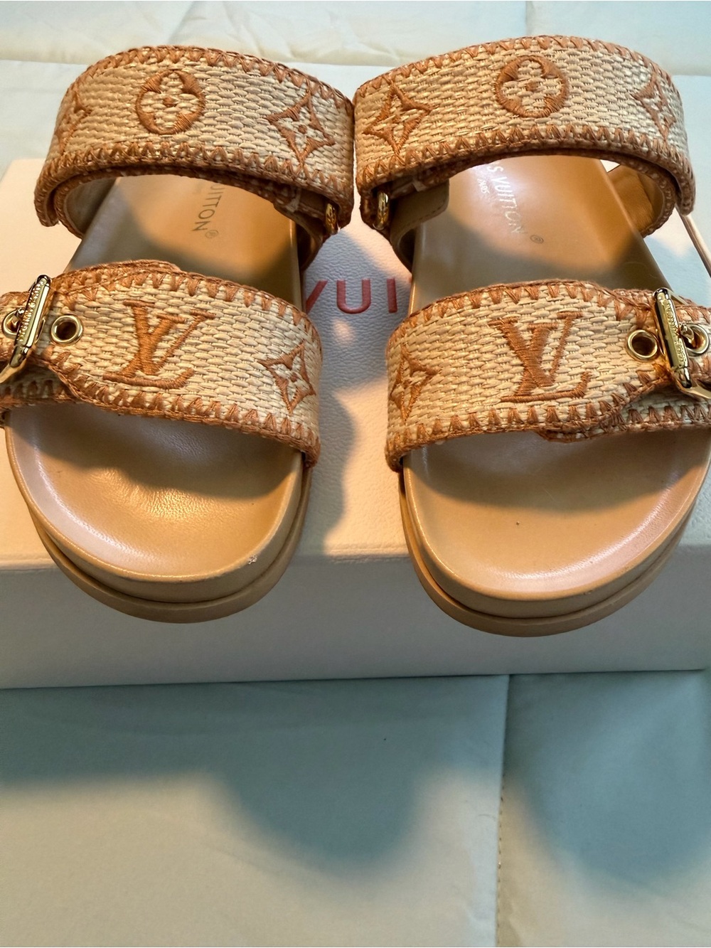 Louis Vuitton Beige & Tan Monogram Canvas Double-Strap Slides - Picture 4 of 8